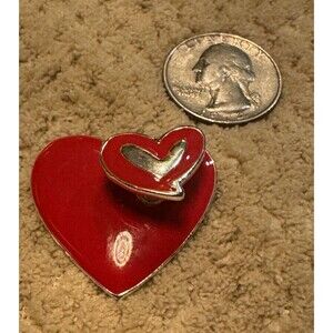 SFJ Red Enamel Double Heart Brooch Pin Signed Numbered